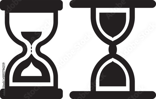 hourglass vector illustration png file. Hourglass with sand falling down illustrating passage of time simple black icon on transparent checkered. Variety of hourglass icons in different styles and des