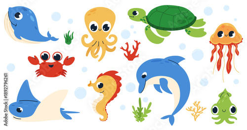 Сute ocean animal illustration set with whale, dolphin, turtle, octopus, crab and fish. cartoon underwater sea life collection for kids education, book, poster, app and nursery design