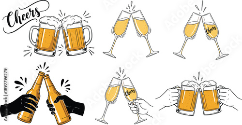 Beer mugs and champagne glasses clinking together in celebration, vector cheers illustration with bottles, foam, and festive drink concept