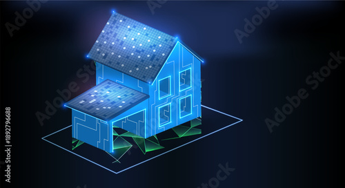 A digital model shows a house with solar panels on the roof. The design highlights features of energy efficiency and modern technology. This scene focuses on sustainable living.