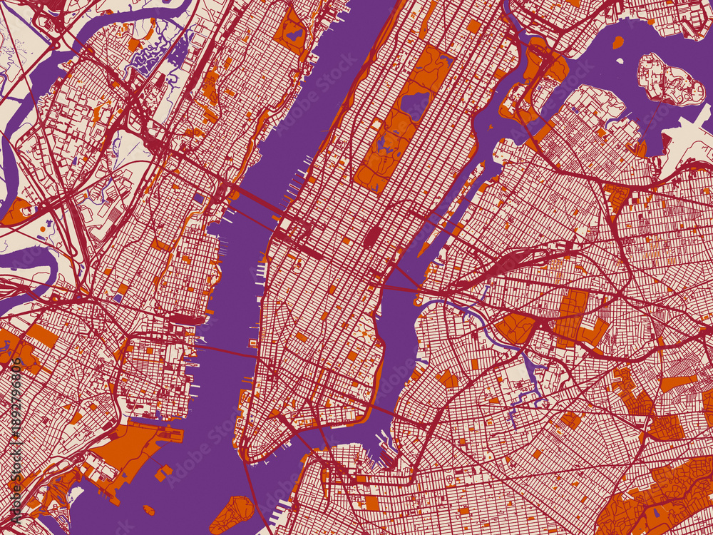 Obraz premium Street network map of New York Center, New York, featuring cream-toned map field with burgundy roads, terracotta highlights and muted violet water shapes