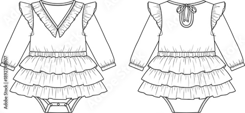 Baby girl ruffle romper fashion flat sketch with long sleeves, tiered skirt layers, V-neck frill detail, front and back technical drawing