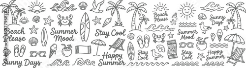 A tropical beach and surf-themed vector set with palm trees, waves, surfboards, a van, flamingos, and ocean elements with quotes, in a bold graphic style. Perfect for t-shirt prints, posters, stickers