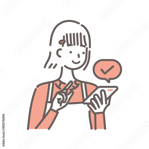 スマホを操作してチェック完了するエプロン姿の若い女性のイラスト