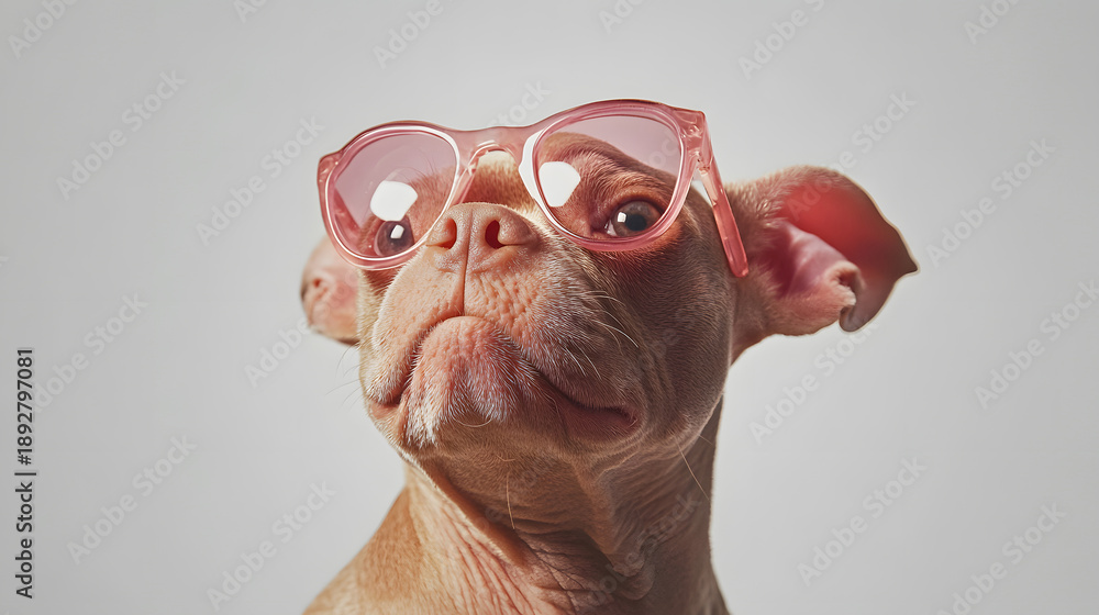 Naklejka premium Close-up portrait of a funny cute dog wearing pink sunglasses looking up on a grey background. Stylish summer pet. 