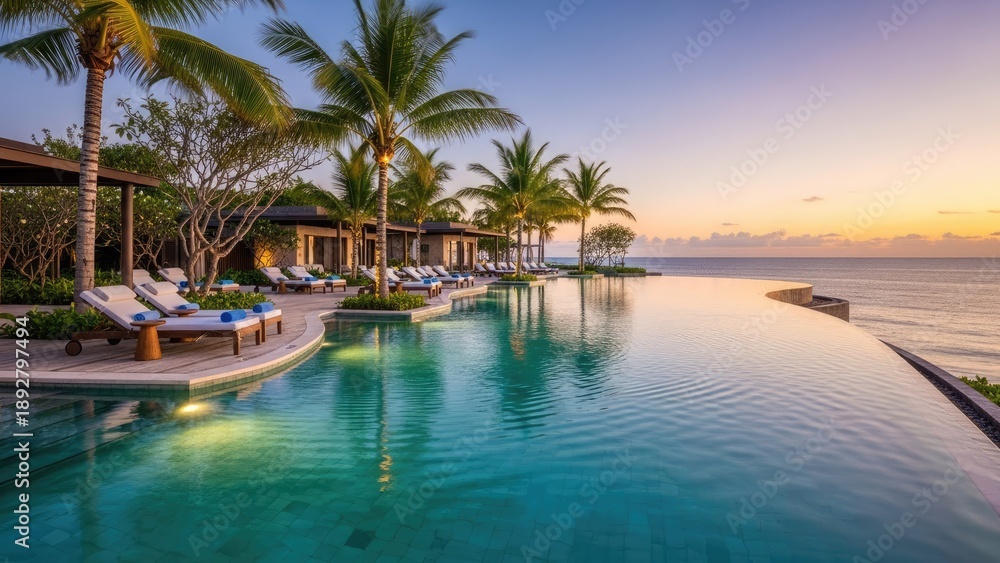 Fototapeta premium A serene infinity pool overlooking the ocean at sunset