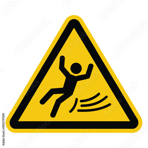 Slippery floor warning sign with falling person symbol, hazard safety icon for caution notice, workplace risk prevention and accident alert