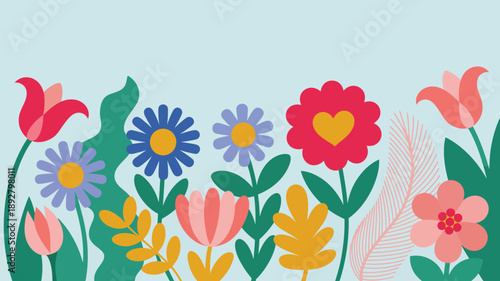 Colorful floral illustration with decorative flowers and leaves, spring nature background design for greeting cards, posters, branding and web
