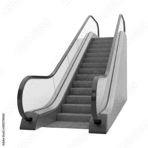 Modern escalator with sleek design and gray steps isolated on transparent background