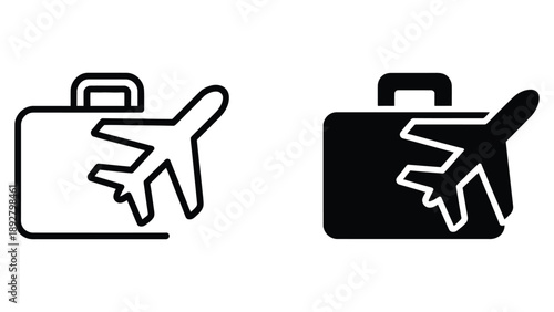 Travel suitcase with airplane icon set in outline and solid style, luggage symbol for tourism, flight booking, vacation and trip concepts