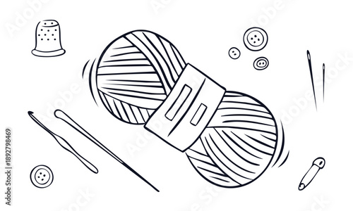 Hand drawn doodle set of knitting and sewing tools. Vector illustration featuring a yarn ball, crochet hook, needles, buttons, and thimble.