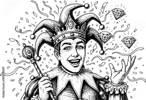 Engraved jester artwork wearing a crown and diamonds