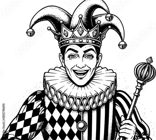 Engraved jester artwork wearing a crown and diamonds