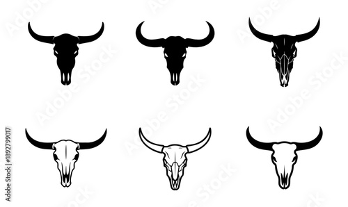 Set of six bull skull vector icons in black silhouette and line art styles