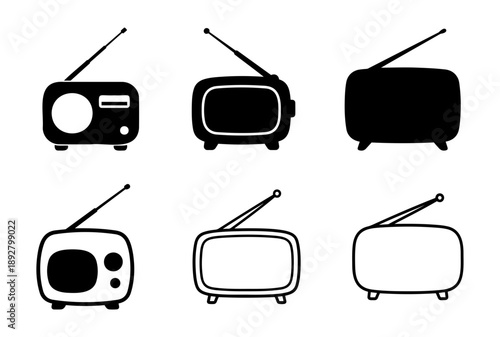 Collection of Retro Radio and Television Icons in Black Silhouette and Outline Vector Styles