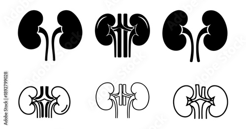 Set of black and white human kidney icons for medical and healthcare design projects.