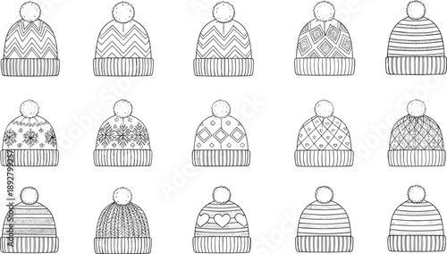 Hand drawn winter knit hats collection with pom poms, patterns and textures in black and white vector style