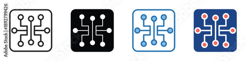 Versatile set of digital circuit board icons representing electronic connections, data processing, and intricate network logic for technology-related applications