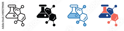Comprehensive Chemistry and Science Icon Set with Erlenmeyer Flask and Molecular Structure Diagram for Laboratory Research and Education Vector Collection