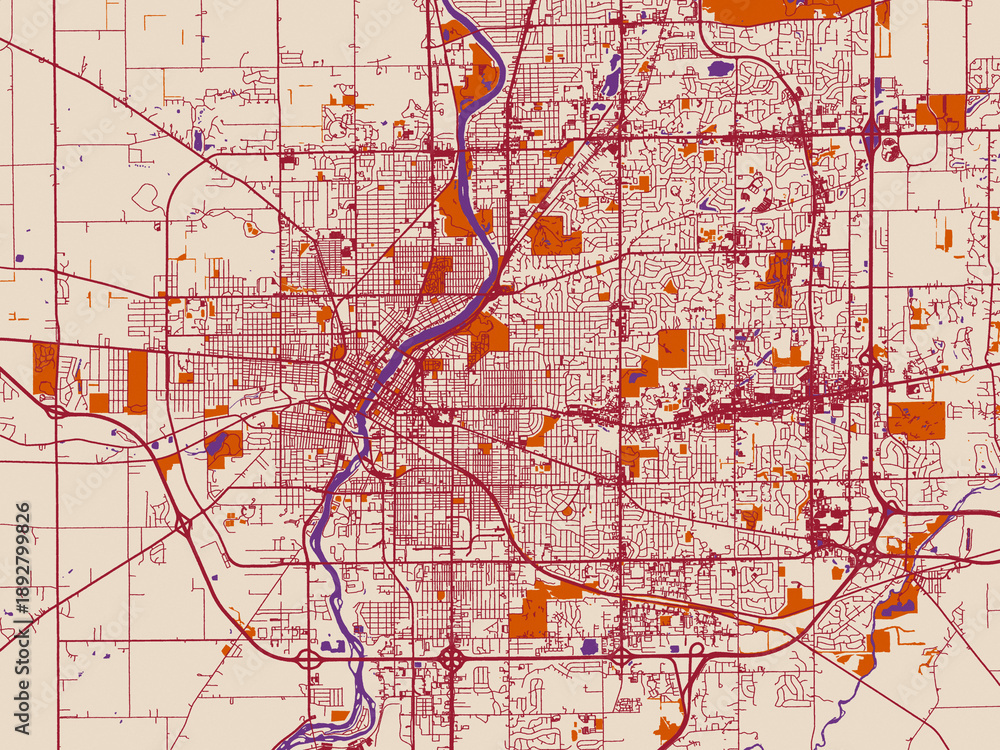 Fototapeta premium City layout poster — Rockford, Illinois – terracotta and violet accents