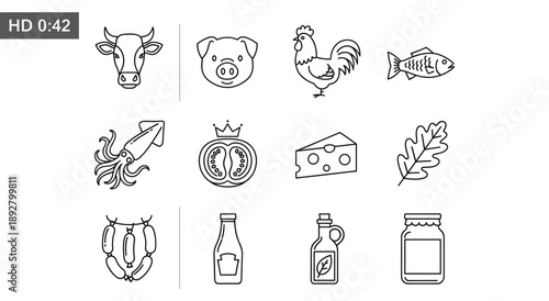 Farm and food line icon set featuring animals, dairy, meat, vegetables, bottles, jars, and organic ingredients