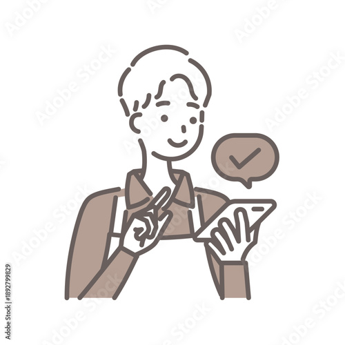 スマホを操作してチェック完了するエプロン姿の若い男性のイラスト