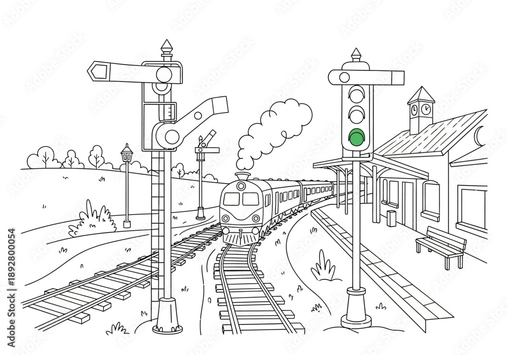 Obraz premium Black and white outline drawing of a steam train arriving at a station with signals