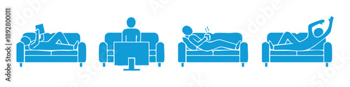 Stick figure icons of people relaxing on sofas: reading, working, drinking coffee, and lounging. Set of colorful silhouettes on white background.