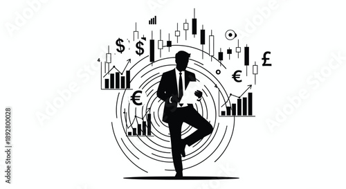 Businessman analyzing financial data with currency symbols and graphs surrounding him in a dynamic composition