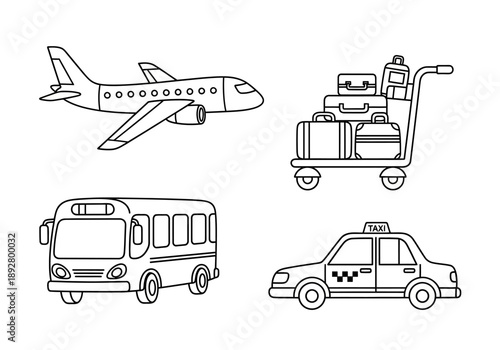 Black and white line art of four travelrelated items airplane luggage cart bus and taxi