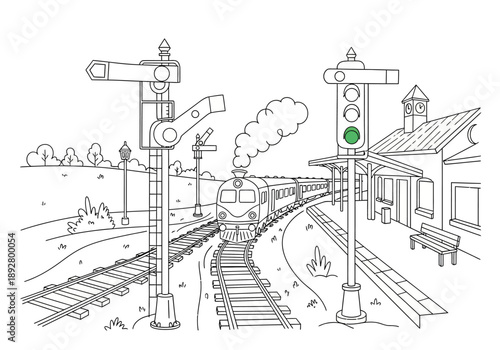 Black and white outline drawing of a steam train arriving at a station with signals