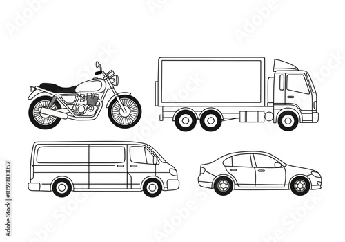 Black and white outline drawings of four different vehicles motorcycle truck van and sedan