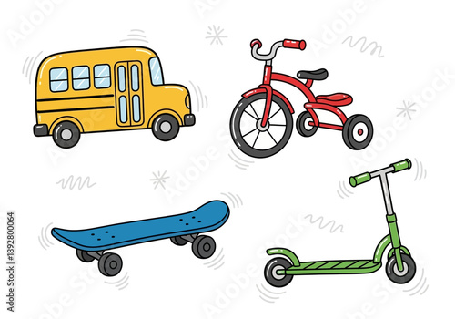Cartoon drawing of a school bus tricycle skateboard and scooter