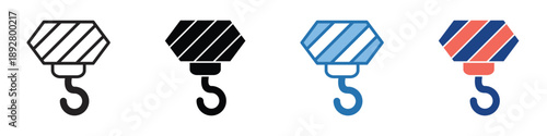 Modern industrial crane hook vector icon set, showcasing heavy lifting equipment in outline, solid, and flat color styles, ideal for construction, engineering, and design projects