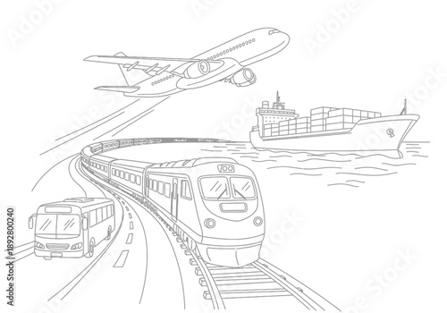 Line art of various transport modes airplane ship train and bus