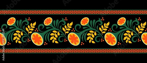 A vibrant, seamless retro border of simple abstract flowers in warm, contrasting orange and yellow tones, with green swirls, leaves, and dots on a black background.