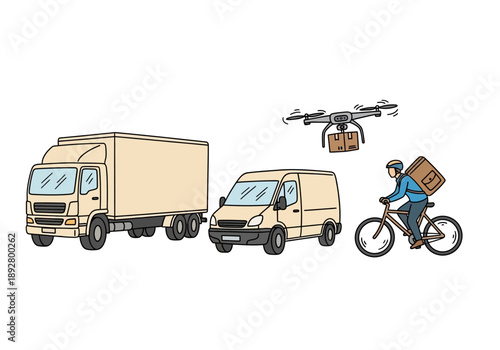 Various delivery methods shown truck van drone and bicycle courier