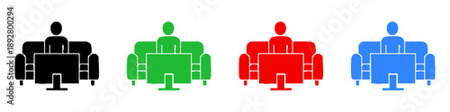 Stick figure icons of people relaxing on sofas: reading, working, drinking coffee, and lounging. Set of colorful silhouettes on white background.
