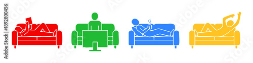 Stick figure icons of people relaxing on sofas: reading, working, drinking coffee, and lounging. Set of colorful silhouettes on white background.