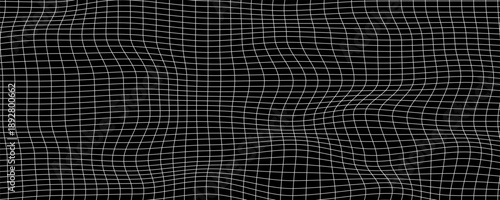 White grid distortion on black background. Waved mesh surface. Net with curvatured effect. Checkered pattern deformation. Bented lattice texture. Vector graphic illustration