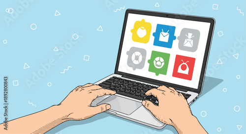 Hands Typing on Laptop with Colorful App Icons on Screen