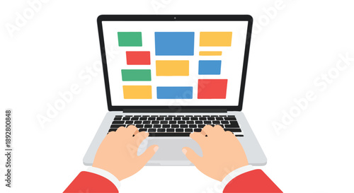 Hands Typing on Laptop with Colorful Website Layout