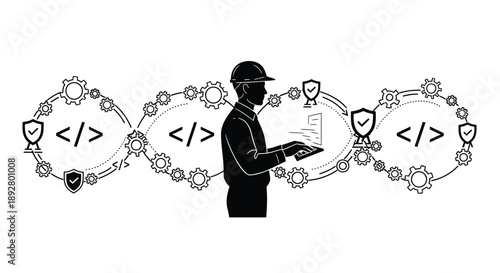 Software developer working on coding project with security shields and gears surrounding him