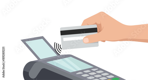 Hand Holding Credit Card Over Contactless POS Terminal