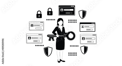 Businesswoman protecting cybersecurity with shields and locks around her