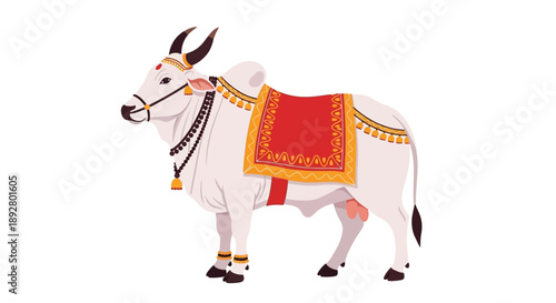 Illustration of a white cow with a red and gold decorative saddle and harness against a clean white background.