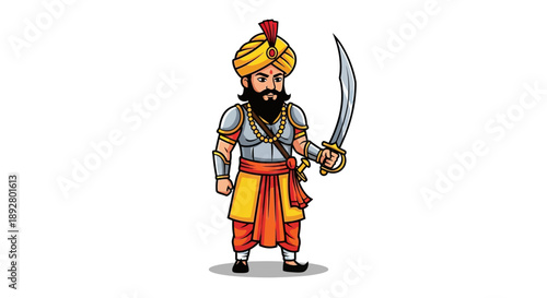 Cartoon illustration of a Sikh warrior standing with a sword against a white background