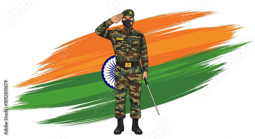 Illustration of an Indian soldier saluting in front of a brush stroke Indian flag background