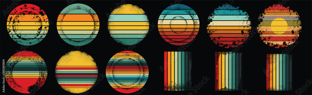 Εκτύπωση καμβά Retro striped sunset prints in heart, star and circle shapes