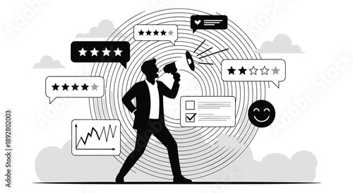Man in suit holding megaphone surrounded by feedback and rating icons in monochromatic illustration with clouds in background